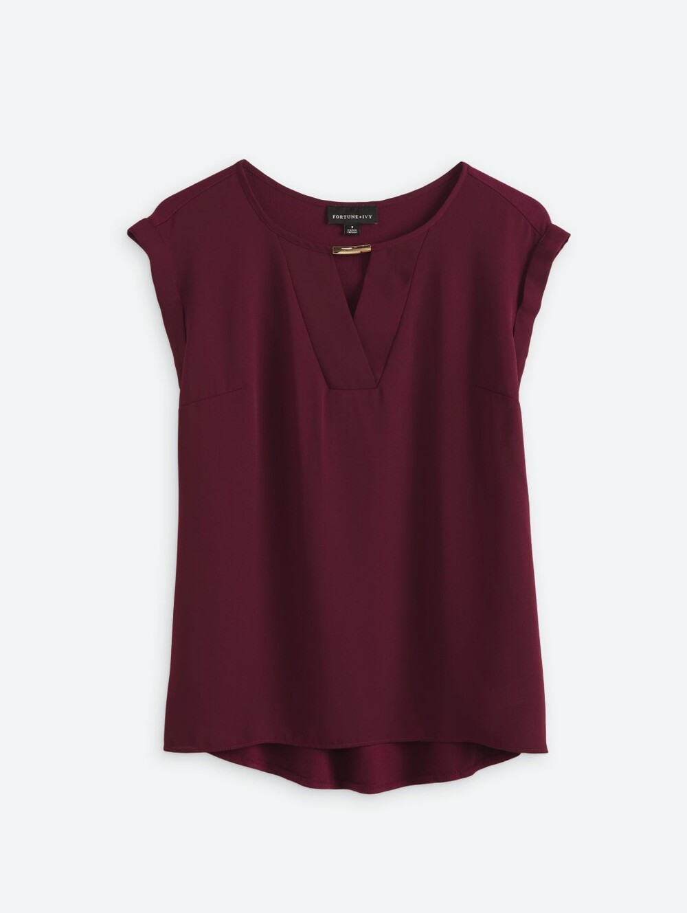 Fortune + Ivy Women's Burgundy Split V-Neck Cap Sleeve Blouse Size Small